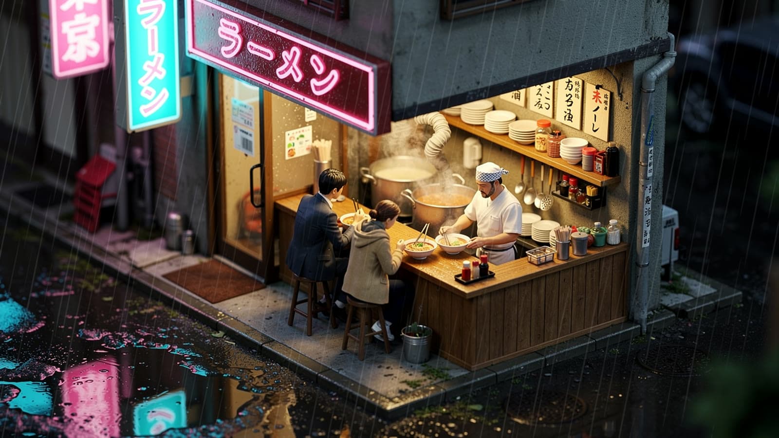 FLUX.2 sample render, a miniature rainy-night Tokyo ramen stall with neon signs and two customers at the counter