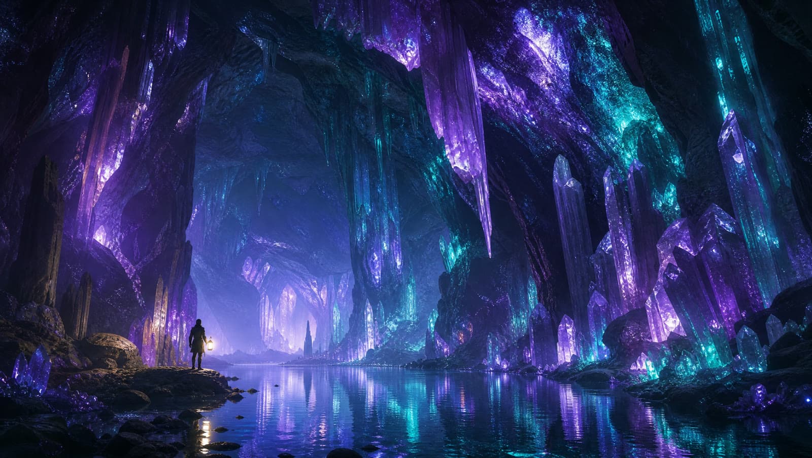 GPT Image 2 sample render, a glowing violet crystal cavern with a lone explorer holding a lantern by an underground lake