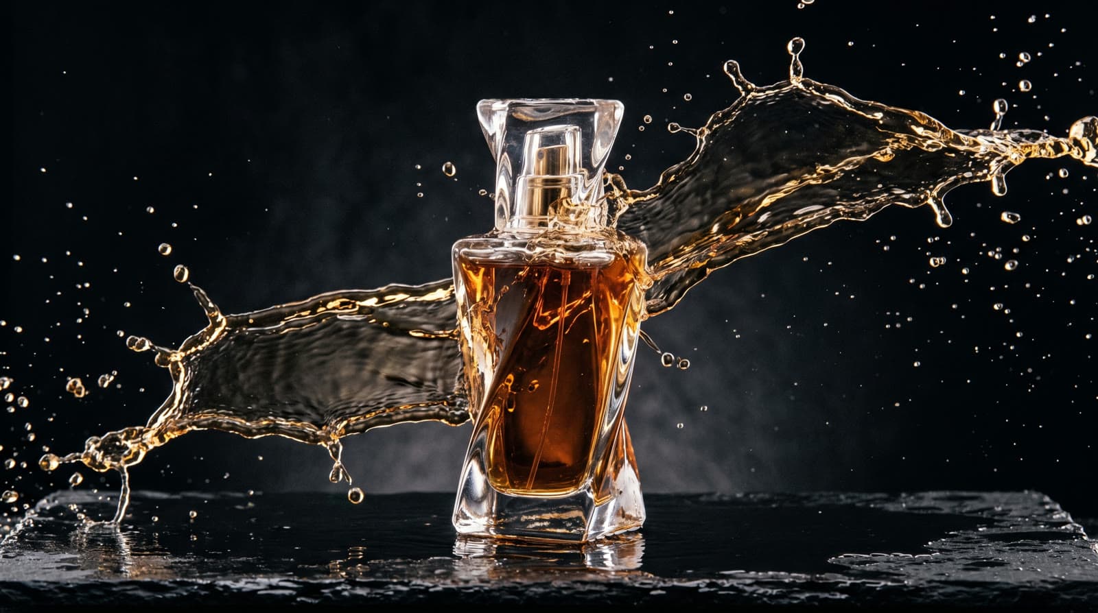 Nano Banana 2 sample render, a perfume bottle product shot with a splash of amber liquid frozen mid-air on black