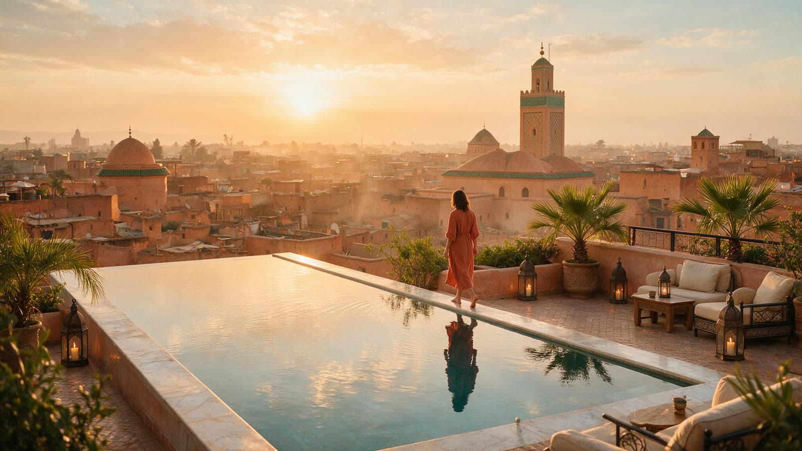 Seedream 5.0 Pro sample render, a rooftop infinity pool over Marrakech at sunset with a woman walking the pool's edge