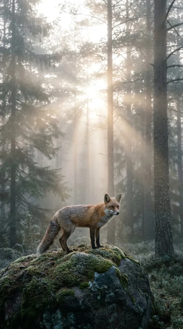 A red fox on a mossy rock in a misty Nordic forest at dawn. Rendered with Nano Banana 2.