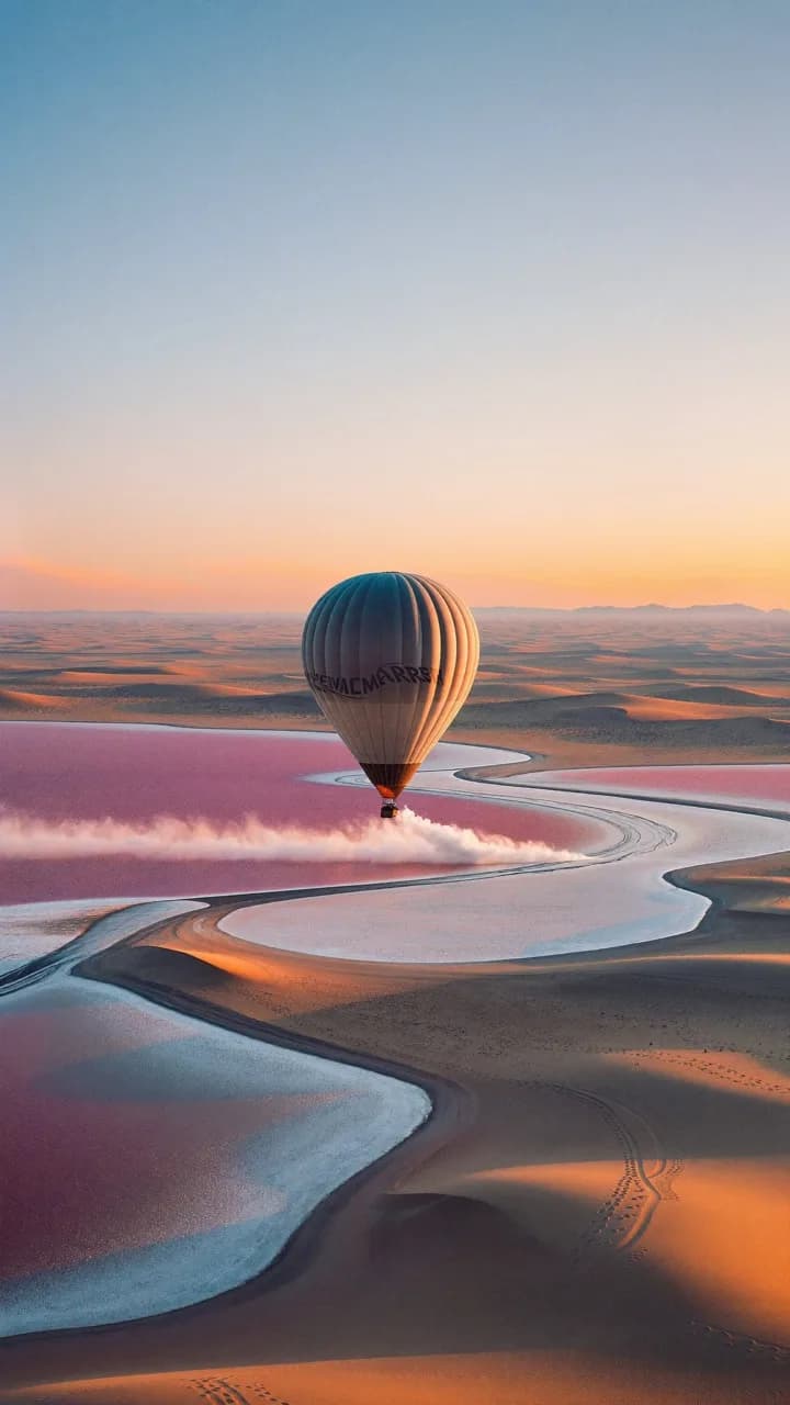 A hot air balloon over pink salt lakes at golden hour. Rendered with Soul 2.