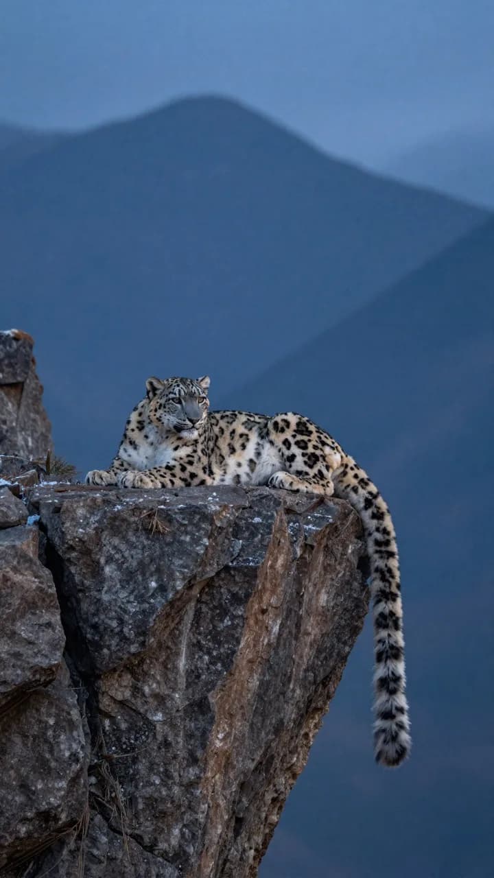 A snow leopard on a Himalayan cliff at blue hour, falling snow. Rendered with Z Image.