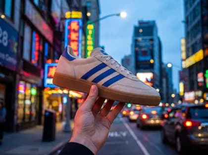 A hand holding the sneaker up on a city street at dusk, neon signs and traffic lights behind it.
