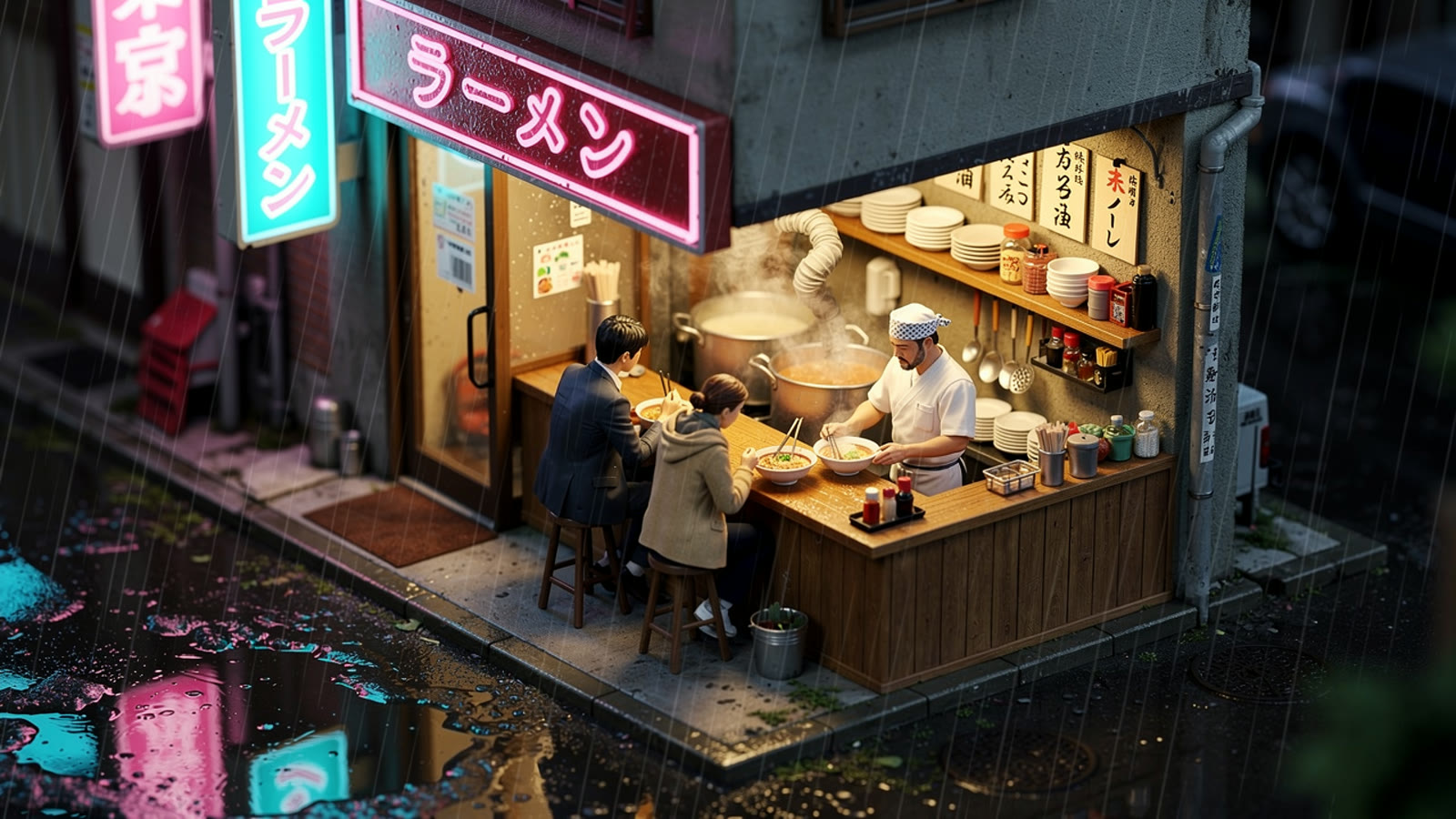 FLUX.2 sample render, a miniature rainy-night Tokyo ramen stall with neon signs and two customers at the counter