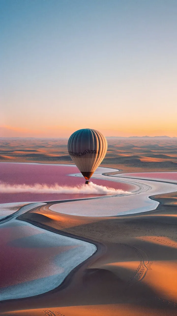 A hot air balloon over pink salt lakes at golden hour. Rendered with Soul 2.